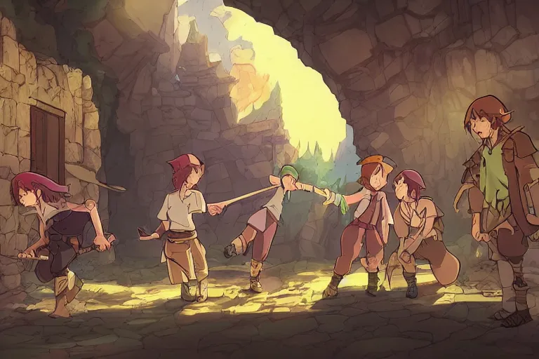 Prompt: cell shaded key visual of a group of adventurers find treasure in a dungeon, in the style of studio ghibli, moebius, makoto shinkai,