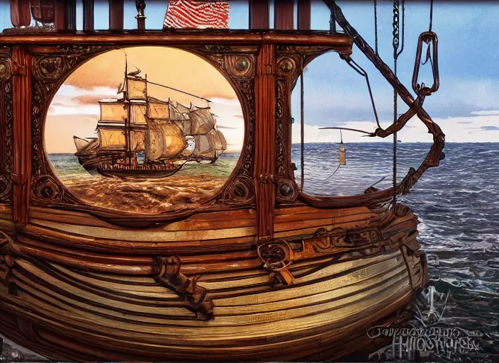 Prompt: hms bounty ship contained inside an ornate vintage glass bottle lying on a beach, by charles vess, studio ghibli, james gurney, artstation, 8 k, beautiful light, hyperrealism, studio photography