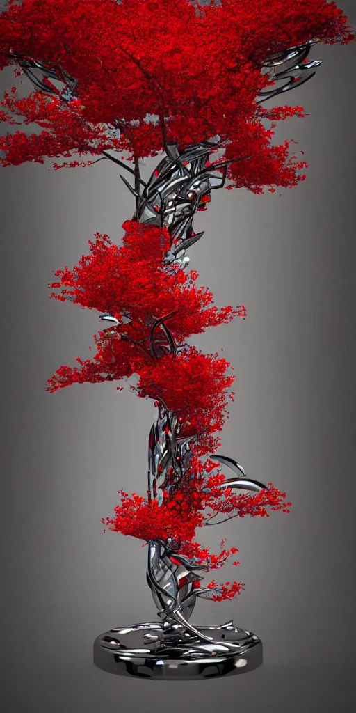 Image similar to 3 d photographic render of gate sculpture with red sakura flowers made of chrome, chrometype, made of liquid metal, neotribal with thorns and thunders, cyberpunk, raytracing, hyper realistic, volumetric lightning, 8 k, by zhelong xu and ouchh studio