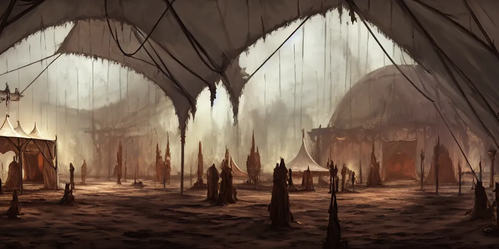 Image similar to inside of a merchant tent, matte oil painting, rusted cathedrals in the background, retrofuturistic, concept art, science fantasy, mutant, lgbt, queer, rpg, epic, rust, white salt, badlands, slime, jungles, dungeons & dragons, sacred, sharp focus, award - winning, extremely detailed, 4 k, 8 k