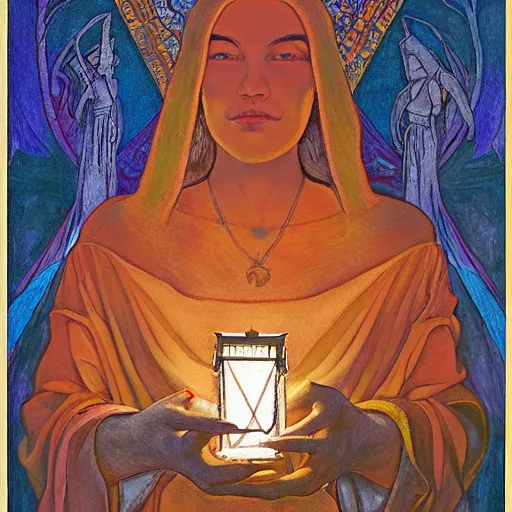 Image similar to the dawn queen with her lantern, by annie swynnerton and diego rivera and nicholas roerich, symbolist, dramatic lighting, elaborate geometric ornament, art brut, smooth, sharp focus, extremely detailed, leo and diane dillon, adolf wolfli, soft pastel colors