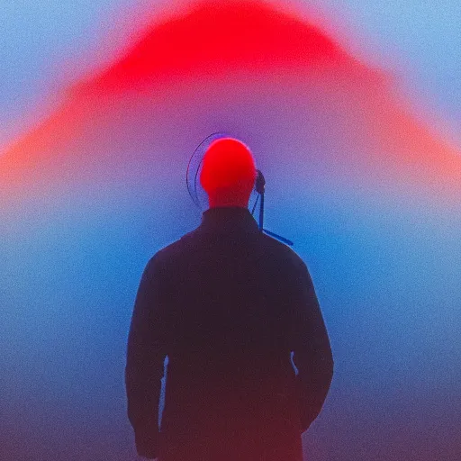 Image similar to symmetrical blue and red, mysterious man looking at a distant machine in fog