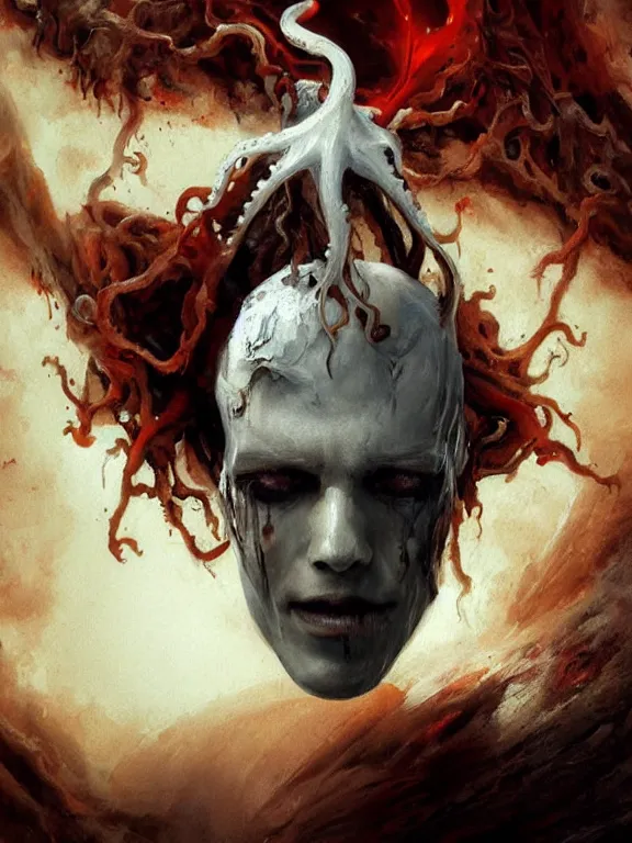 Prompt: painting by greg rutkowski of a flying sorrowful looking human head with tears running down it's eyes, face that is chalk white in color, with long sprawling white tentacles stemming down it's neck, fiery scorching red eyes, flying in a terrying hellish dark cavernous place