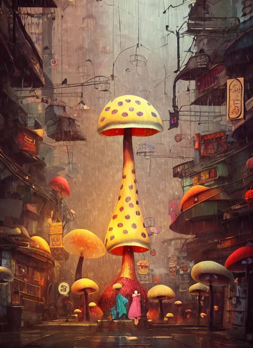 Image similar to a lively and whimsical dark fungal pawn shop, cinematic framing, wide angle, rain lit, kawaii shop grows from the stalk of a giant mushroom, cgsociety, siggraph, dystopian scifi, concept art, set design, oleg oprisco, conrad roset, anka zhuravleva, gediminas pranckevicius, cornell, kawasaki