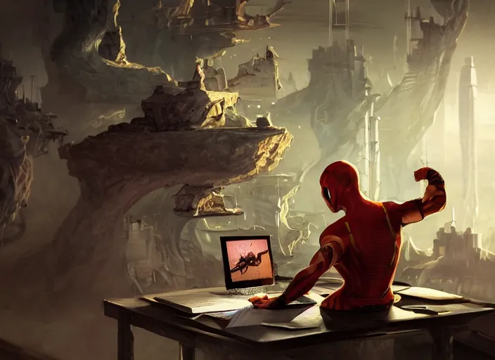 Image similar to an insanely detailed painting of an asian man wearing a homemade superhero costume, sitting at a desk, staring seriously at the computer and typing, in the style of peter mohrbacher, dramatic lighting and composition, surreal background, octane render, pixar, trending on artstation, concept art, comic book, view from behind, 8 k