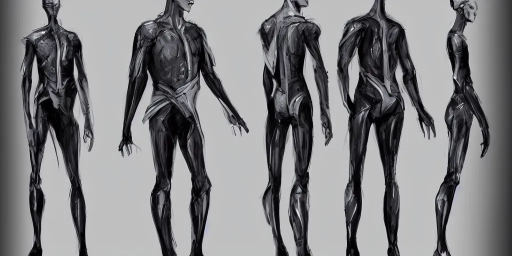 Image similar to male, science fiction suit, character sheet, concept art, stylized, large shoulders, large torso, long thin legs, concept design