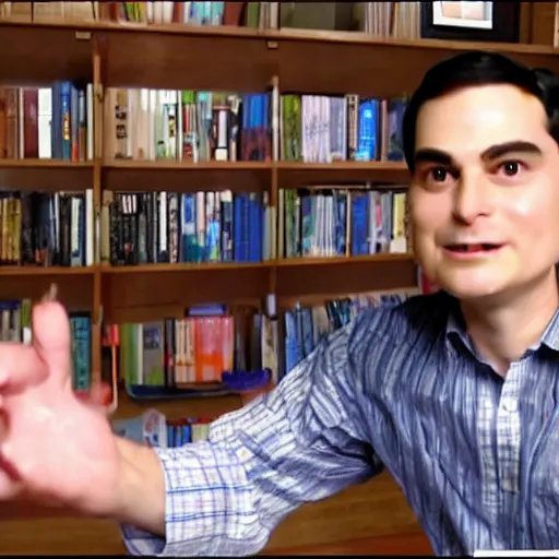 Prompt: highly detailed face ben shapiro shows off his anime collection.