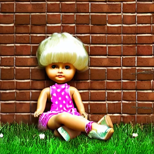 Prompt: plastic doll with giant realistic hands eating a cookie sitting on brick wall, garden background, sky, photo, hd