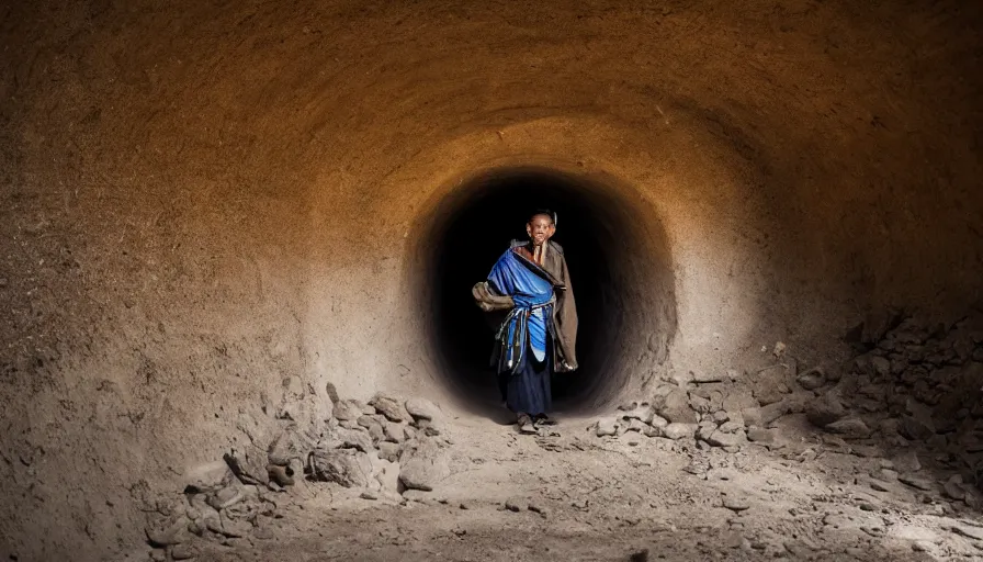 Image similar to a tibetan man in a flesh barque in a tiny tunnel, leica sl 2