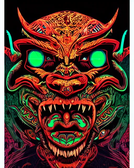 Image similar to barong family member, wiwek, mara demon, one single tribe member, jungle, one single mask, dark, ancient warrior, rich deep vivid colors, neon colors, inner glow, art by dan mumford and justin gerard