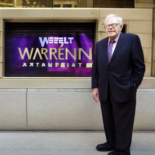 Image similar to warren buffet as thanos standing outside wall street stock exchange, reality, realistic, detailed, 8 k, award winning, wide shot,