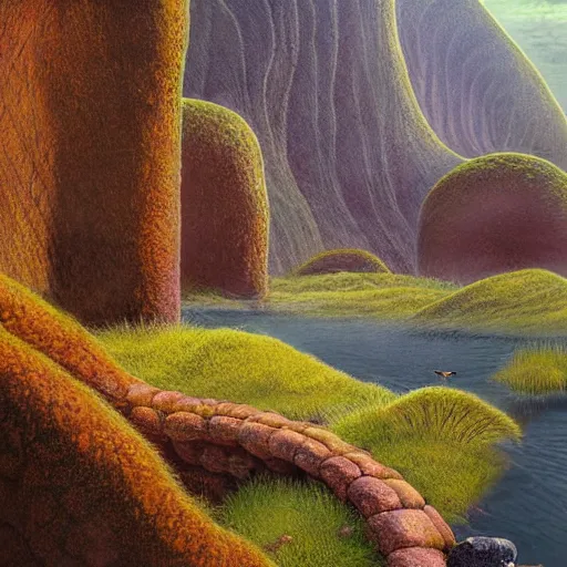 Image similar to artistic digital artwork of a lush natural scene on an alien planet. beautiful landscape by lurid ( 2 0 2 2 ), michael whelan and remedios varo. weird vegetation. cliffs and water. grainy and rough. interesting pastel colour palette. beautiful light. oil and water colour based on high quality render.
