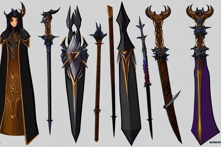 Image similar to design sheet of various magic fantasy weapons, varied colors