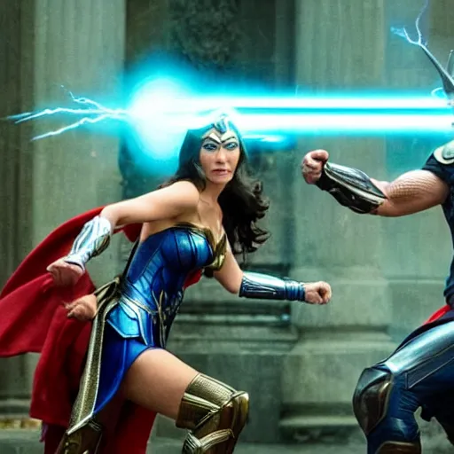 Image similar to thor and wonder woman in new york, fighting against villain electro, cinematic movie scene, epic fight, blue lightning, yellow lightning, photo, effects shot