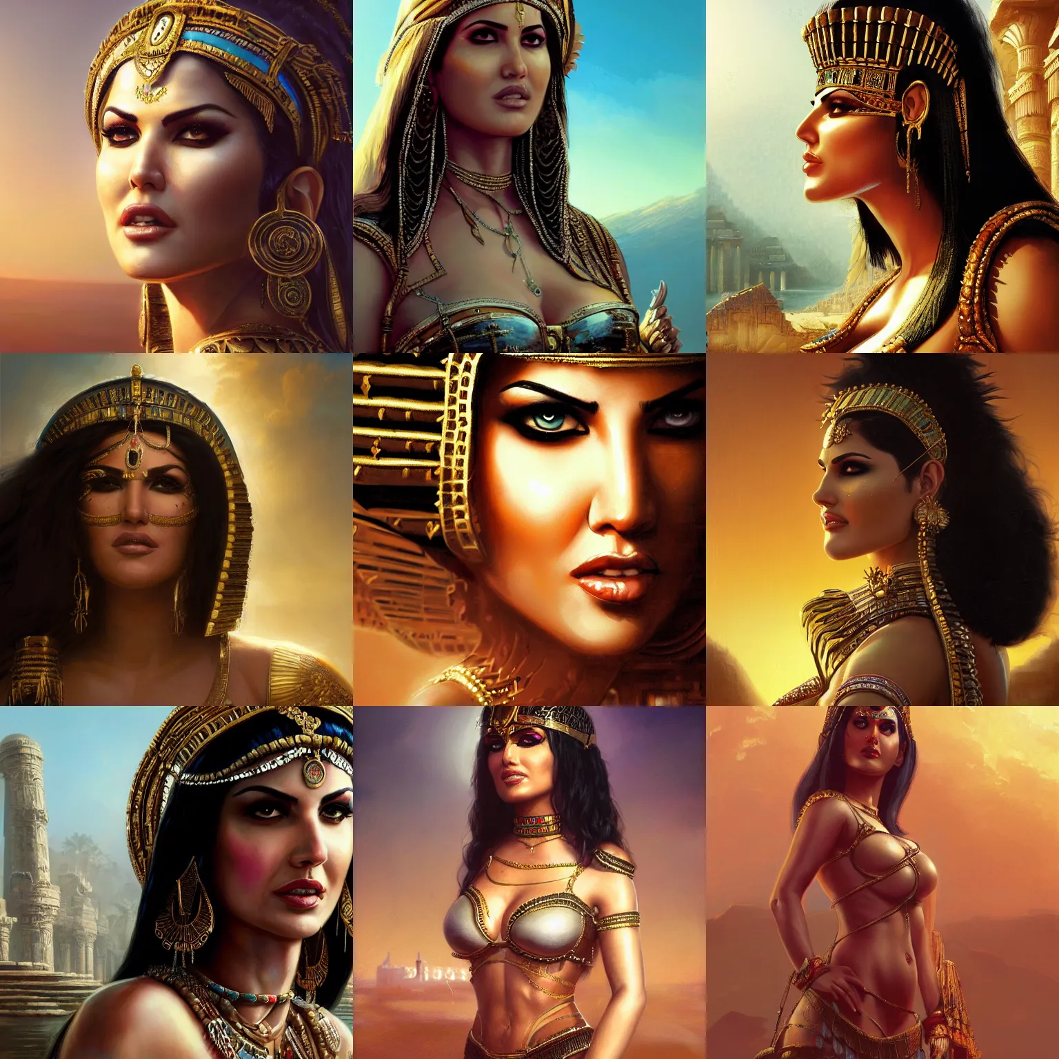 Prompt: closeup portrait of sunny leone as cleopatra, palace background, dramatic light, gorgeous view, depth, high detail, digital art, painted by greg rutkowski and seb mckinnon, neuromancer, trending on artstation