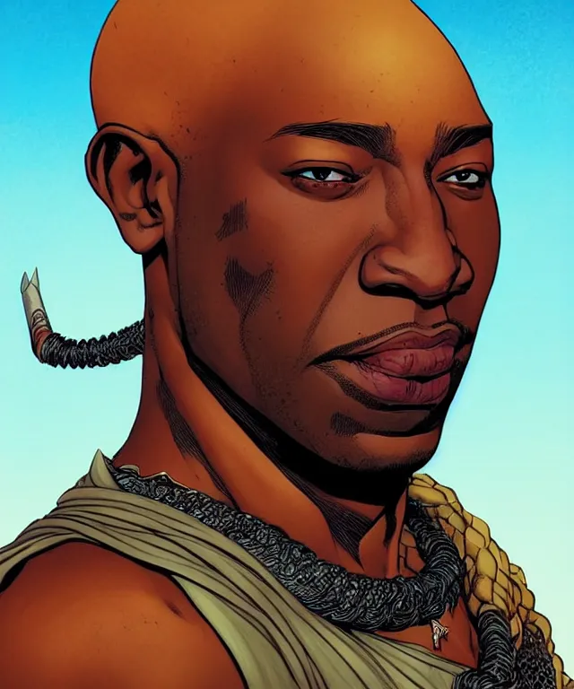 Prompt: a ( fantasy comic ) ( cover art ) portrait of a bedouin warrior who looks like ( michael clarke duncan ), digital illustration by jenny frison and sana takeda and kentaro miura, fine inking lines, vivid colors, dnd, highly detailed!, hd, 4 k, trending on artstation