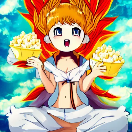 Image similar to fluffy popcorn anime character with a smiling face and flames for hair, sitting on a lotus flower, clean composition, symmetrical