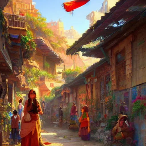 Prompt: colorful Kurdish village, anime, a fantasy digital painting by Greg Rutkowski and James Gurney, trending on Artstation, highly detailed