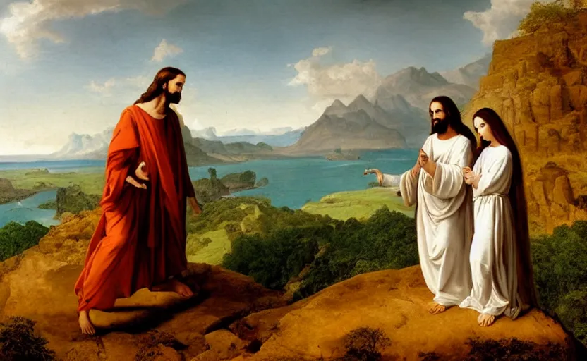 Image similar to jesus and mary magdalene standing on a cliff looking over a beautiful landscape, paradise