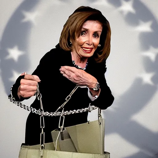 Prompt: nancy pelosi chained to bag of money on the floor