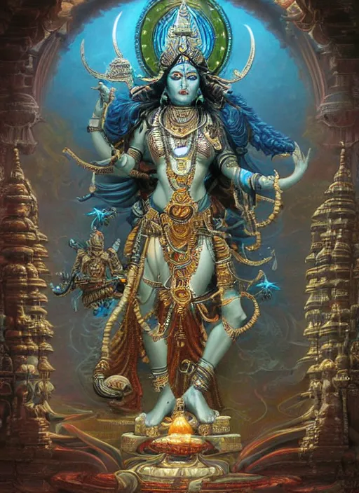 Image similar to cybertronic statue of shiva in a hindu temple, intricate, elegant, highly detailed, centered, digital painting, artstation, concept art, smooth, sharp focus, illustration, artgerm, tomasz alen kopera, peter mohrbacher, donato giancola, joseph christian leyendecker, wlop, boris vallejo.