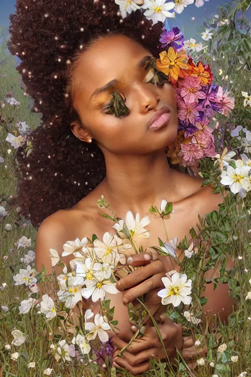 Image similar to ultra realistic illustration, beautiful swahili girl with flowers blossoming from her afro, in low v neck dress, snowy, elegant, highly detailed, digital painting, concept art, smooth, sharp focus, illustration, art by artgerm and greg rutkowski and alphonse mucha