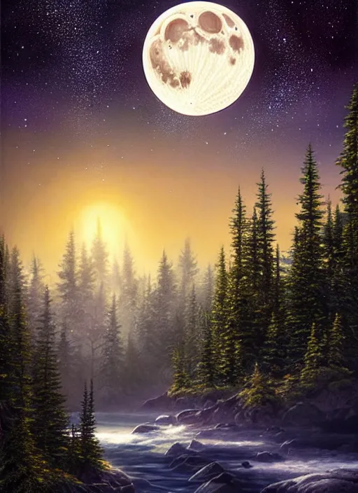 Prompt: stars, moon, golden shores, spruce trees, beauty, sharp focus, 8 k high definition, insanely detailed, intricate, elegant, art by stanley lau and artgerm, floating embers