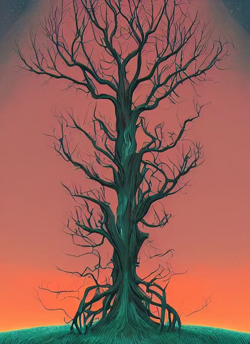 Prompt: a painting of a strange looking tree in the middle of a field, poster art by kilian eng, behance contest winner, fantasy art, lovecraftian, cosmic horror, apocalyptic landscape