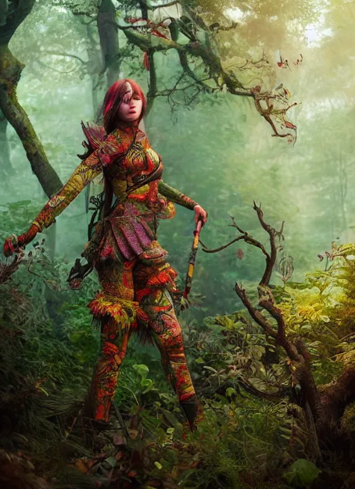 Prompt: detailed full body concept colorful fantasy painting of a forest huntress in intricate clothing, cinematic lighting, hyperdetailed, 8k, high resolution, insanely detailed and intricate, octane render