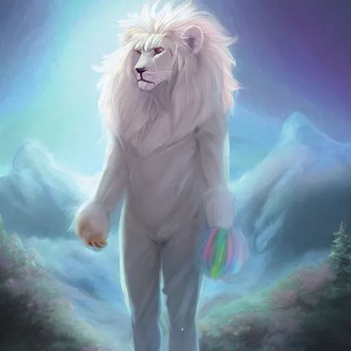 Image similar to aesthetic portrait commission of a albino male furry anthro lion surrounded by soft pastel rainbows while wearing a soft wizard outfit, winter Atmosphere. Character design by charlie bowater, ross tran, artgerm, and makoto shinkai, detailed, inked, western comic book art, 2021 award winning painting