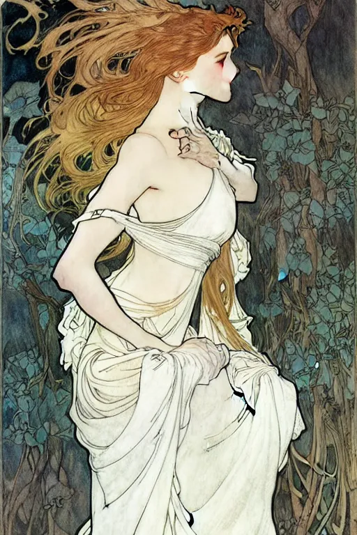 Image similar to in the style of artgerm, arthur rackham, alphonse mucha, evan rachel wood, flowing white dress