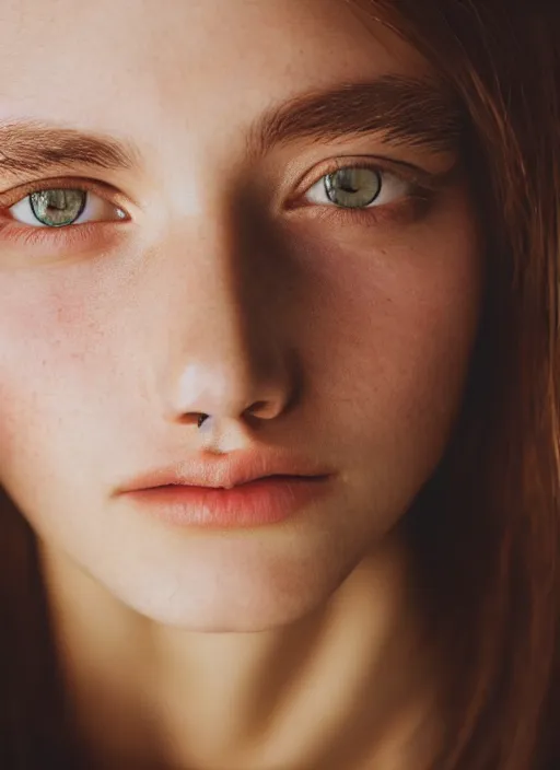 Image similar to Kodak Portra 400, 8K, highly detailed, britt marling style 3/4 photographic extreme close-up face of a extremely beautiful girl with clear eyes and brown hair , illuminated by a dramatic light, high quality, photo-realistic.