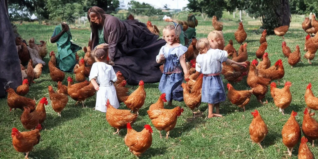 Image similar to Jesus is feeding the chickens