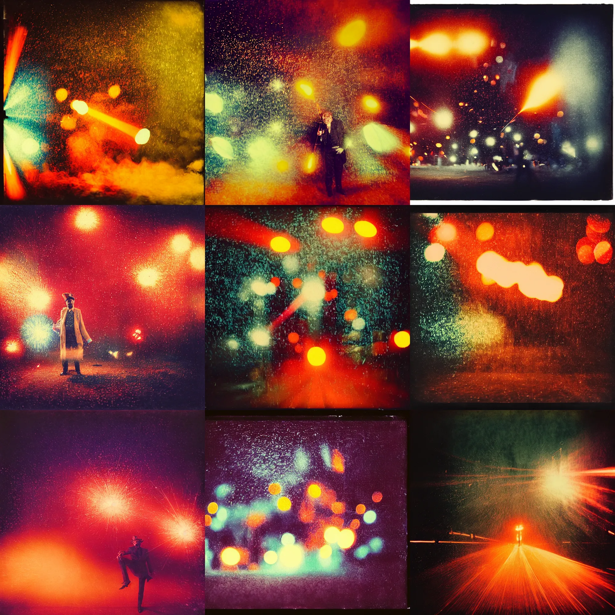 Prompt: kodak portra 4 0 0, wetplate, vivid, blueberry orange, jazz, christalized, 1 9 1 0 s style, motion blur, portrait photo of a backdrop, explosions, rockets, bombs, sparkling, glitter, snow, fog, by georges melies and by britt marling