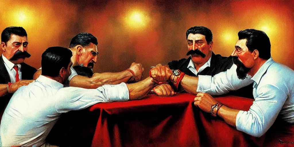 Image similar to arm wrestling between ( ( vladimir putin ) ) and ( ( iosif stalin ) ), hyperrealistic, digital concept art, caricature illustration, art by gaston bussiere