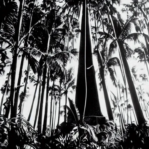 Image similar to lost film footage of a sacred surrealist totem in the middle of the tropical jungle / film still / cinematic / enhanced / 1 9 2 0 s / black and white / grain