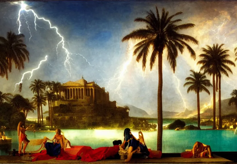 Prompt: Palace floating in the sky, refracted sparkles, thunderstorm, greek pool, beach and palm trees on the background major arcana sky, by paul delaroche, hyperrealistic 4k uhd, award-winning, very very very detailed