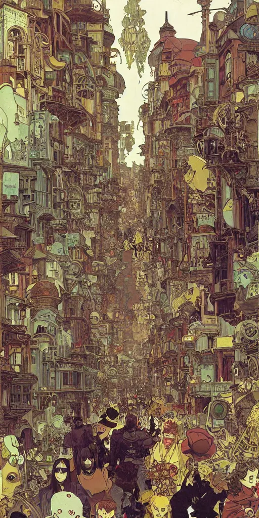 Image similar to a street of a big flying steam punk city full of people with strange costumes, anime manga illustration detailed art Geof Darrow and Phil hale and Ashley wood and Ilya repin alphonse mucha pop art nouveau