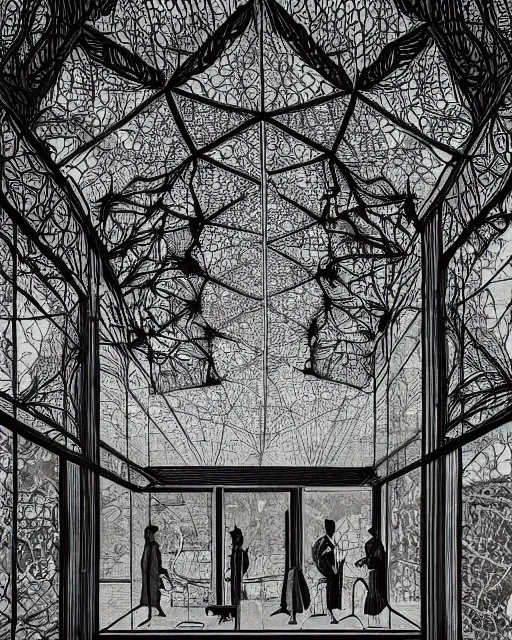 Image similar to midcentury architecture, made of intricate decorative lace leaf skeleton, in the style of the dutch masters and gregory crewdson, dark and moody