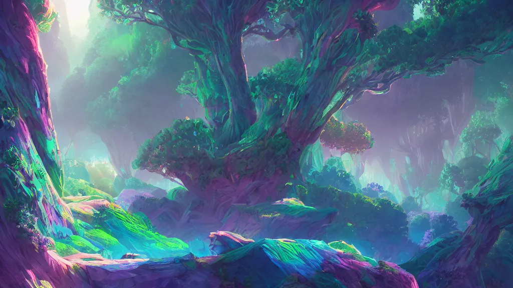 Prompt: multicolored iridiscent crystals growing on colossal everlasting trees, by sylvain sarrailh, rossdraws, ambient light, ultra detailed, fantasy artwork, 8 k, volumetric lighting, trending on artstation, award winning, very beautiful.