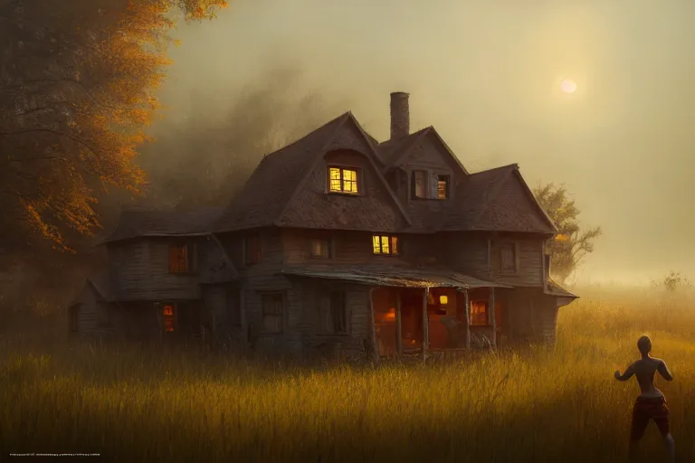 Prompt: a house in the shape of a human, rust, hyperrealistic, highly detailed, cinematic, single ray of sun, fog, beautiful, cgssociety, artstation, 8 k, oil painting