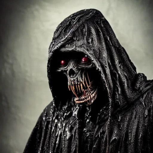 Prompt: photo taken of an epic intricate, ultra detailed, super realistic gritty, wet, slimy, lifelike sculpture of a nightmarish hellish humanoid hooded grim reaper, creature design created by weta workshop, menacing, some zoomed in shots, photorealistic, sharp focus, extremely cold blueish colour temperature, f 0. 4, full body shot