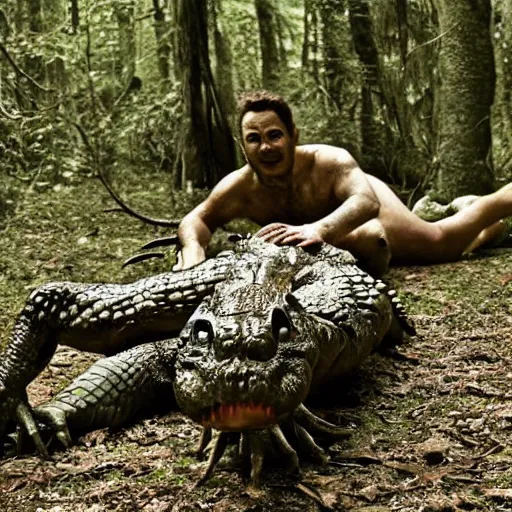 Image similar to werecreature consisting of a human and crocodile, photograph captured in a forest