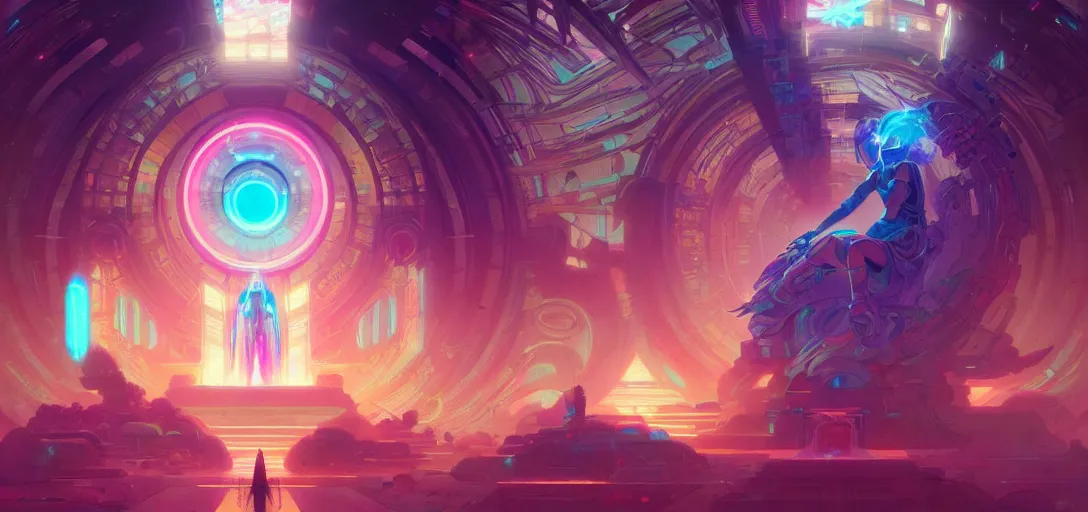 Image similar to a cybernetic temple, vaporwave aesthetic, colorful, psychedelic, digital painting, artstation, concept art, smooth, sharp focus, illustration, art by artgerm and greg rutkowski and alphonse mucha