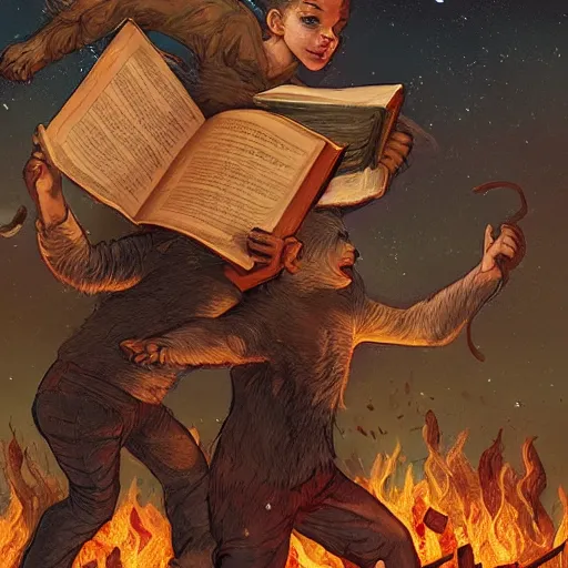 Image similar to [two monkeys throwing books in a bonfire, behind them space rockets are taking off. propaganda, closeup, D&D, intricate, elegant, highly detailed, digital painting, artstation, concept art, matte, sharp focus, illustration, art by Artgerm and Greg Rutkowski and Alphonse Mucha and Enki Bilal]