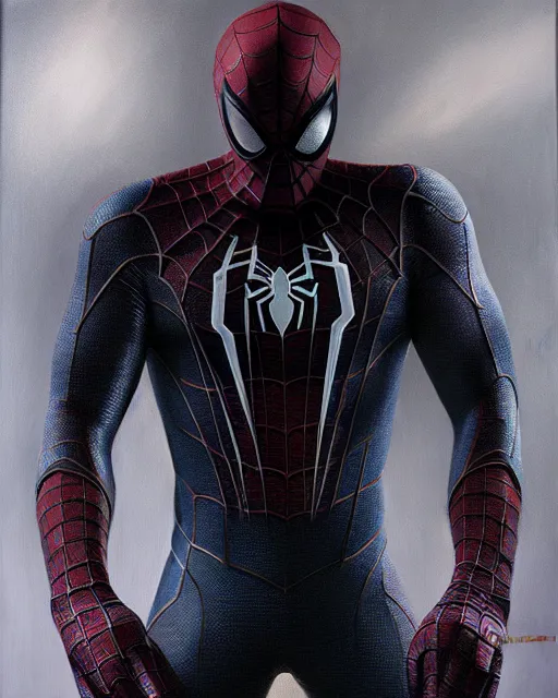 Image similar to hybrid of a bulky stealth suit and spider - man, photorealistic oil painting, hyperdetailed, realistic