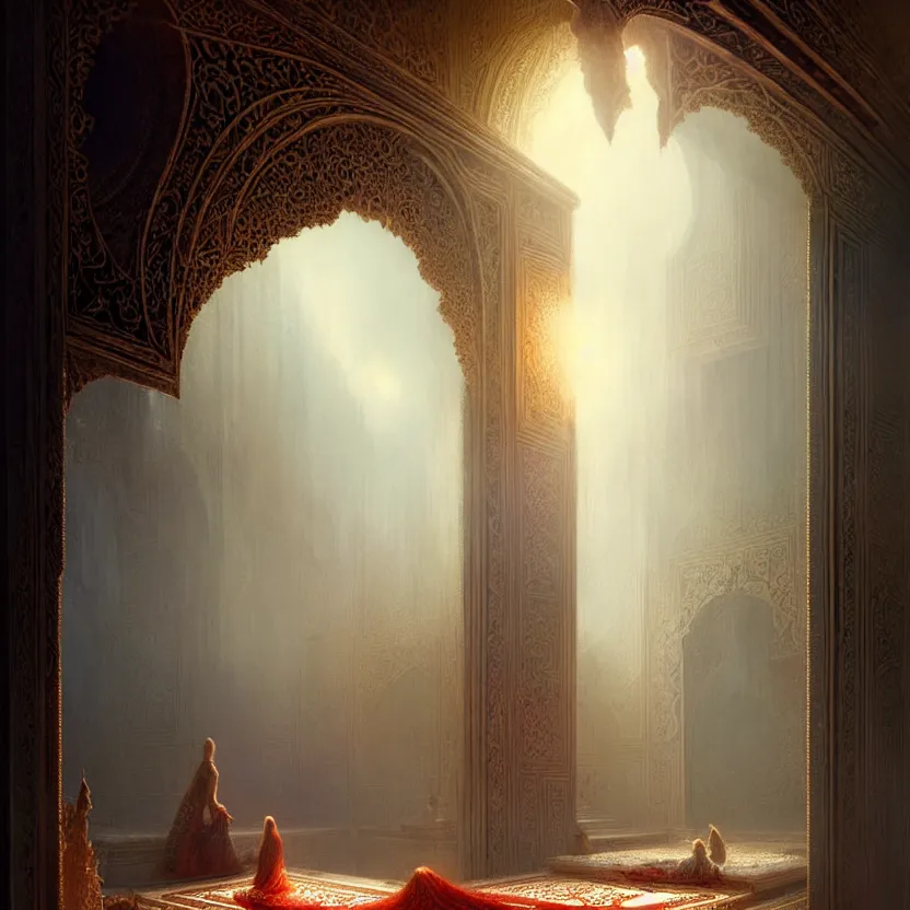 Image similar to magic fluffy Persian carpet & mirror dimension, vertical labyrinth structure, by Greg Rutkowski and Gaston Bussiere, dim lighting, beautiful volumetric-lighting-style atmosphere, surreal atmosphere, intricate, detailed, photorealistic imagery, artstation