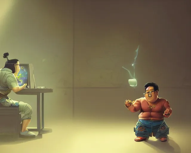 Image similar to an insanely detailed painting of a slightly chubby, nerdy asian man wearing a superhero costume, sitting at a desk, staring at the nervously at the computer and typing, in the style of peter mohrbacher, dramatic lighting and composition, octane render, pixar, trending on artstation, concept art, comic book, view from behind