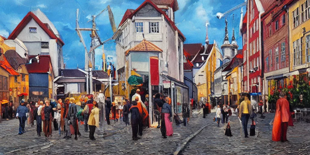 Image similar to Highly detailed oil painting of street life in stavanger by noon, strong atmosphere, oil painting masterpiece by Josep Tapiró Baró, symmetry, fractals