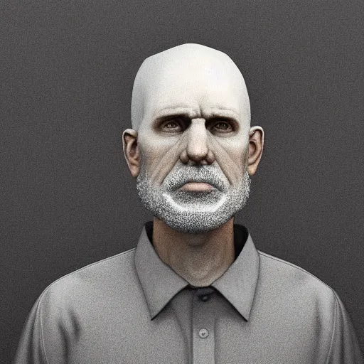 Prompt: A mugshot portrait of a bald old man who looks like Jerma985 with a beard, wearing mid-1980s menswear in the late 2008, taken in the late 2010s, grainy, realistic, hyperrealistic, very realistic, highly detailed, very detailed, extremely detailed, detailed, trending on artstation, front facing, front view, headshot and bodyshot, detailed face, very detailed face